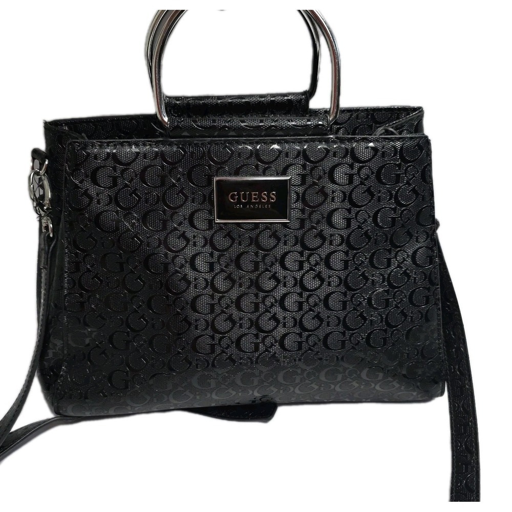 Guess Black Logo Satchel Handbag Silver Handle Crossbody Strap Spacious Bag - Picture 1 of 11